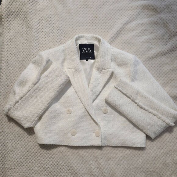 ZARA Women’s Cropped Double-Breasted Blazer – White – Size XL - Picture 3 of 11